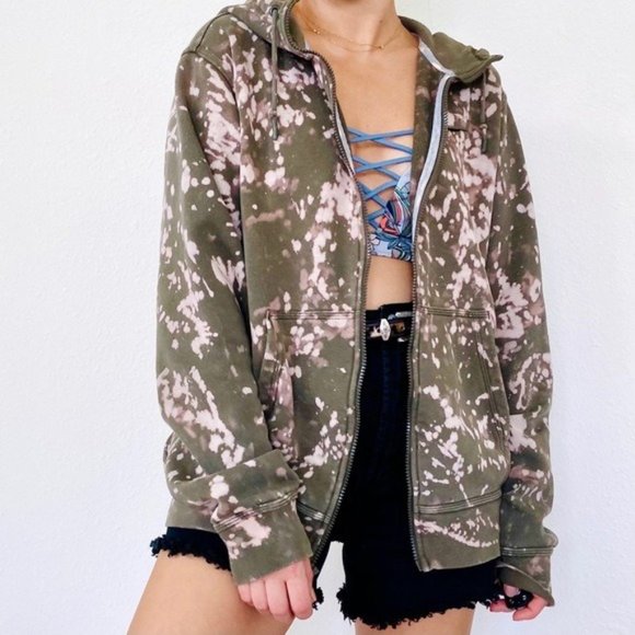 Nike Tops - Nike Olive Zip Up Hoodie Custom Bleach Tie